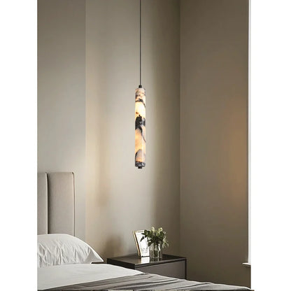 Luxury Black Cylinder Natural Stone Pendant Lamp High-end Bedside LED Chandelier Living Room Decoration Home Hanging Lights
