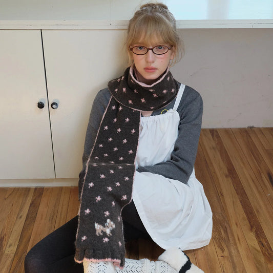 Wool Blend Knit Scarf with Cartoon Deer Jacquard, Lacy Winter Neck Warmer for Women, Cute & Girly Feel