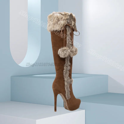 Brown Fur Decor Platform Boots Round Toe Thin High Heels British Style Winter Design Women Party Dress Boots Zapatos Para Mujere