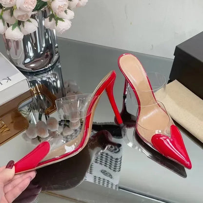 Elegant Pointed Toe Transparent PVC Heart High Heels Mules Slipper Shoes Women 2025 Black White Red Shoes Luxury Designer Pumps