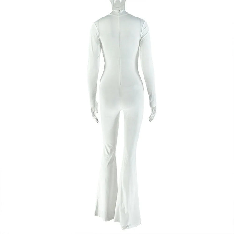 FLARORA Sexy Hollow Out Flared Jumpsuits Woman Turtleneck Full Sleeve Skinny Peach Hip Hot Girls Midnight Club Party Overalls