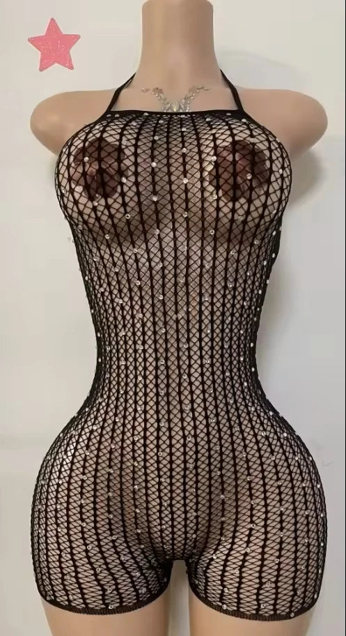 FAGADOER Sexy Hollow-out Rhinestone Patchwork Bodycon Rompers Woman Halter Sleeveless Backless Jumpsuits Female Party Clubwear