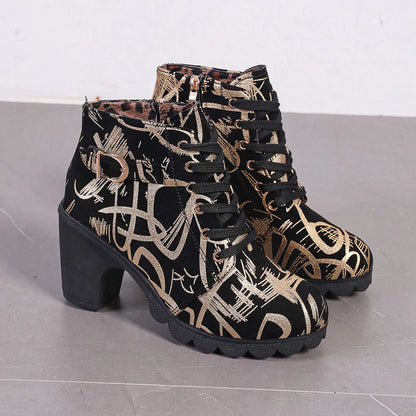 Women's Fashion Round Toe Boots High Heeled Women Boots Cross Straps Short Boots Zipper Printed Comfortable High Heeled Shoes