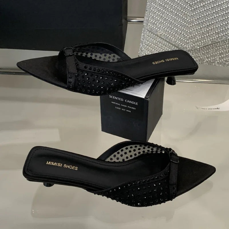 Luxury Rhinestone Mesh Kitten Heel Slippers Women Summer Sexy Pointed Toe Backless Slide Sandals Fashion Brand Designer Shoes