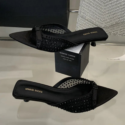 Luxury Rhinestone Mesh Kitten Heel Slippers Women Summer Sexy Pointed Toe Backless Slide Sandals Fashion Brand Designer Shoes