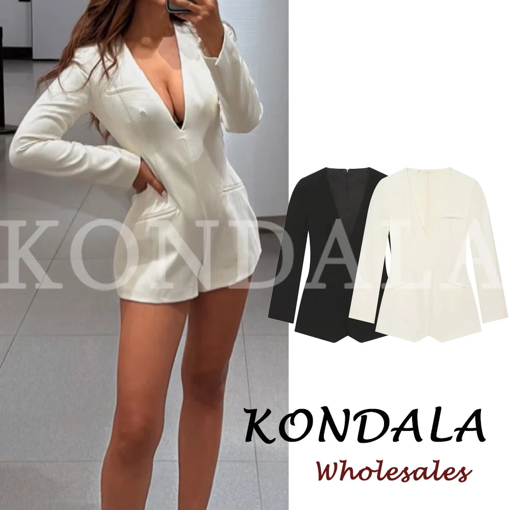 KONDALA Chic Woman Sexy Solid Bodysuit Short Sleeve Office Lady Mini Bodysuit Zipper Fashion 2026 Sheath Female V-Neck Jumpsuits