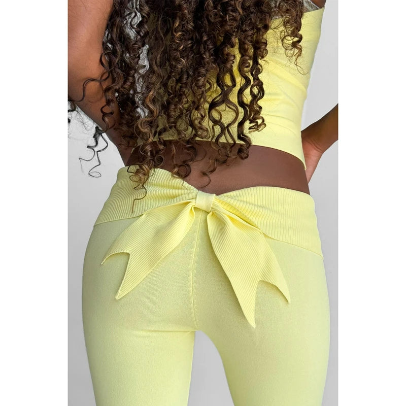 Combhasaki Women's Y2l Knitted Flared Long Pants Slim Fit Solid Color Fold Over Waist Elastic Low Rise Back Bow Decor Trousers