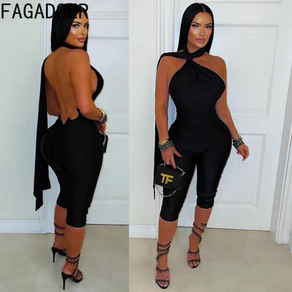 FAGADOER Sexy Halter Bandage Backless Jumpsuits Women Hip Ruched Skinny Rompers Overalls Party Slim Party Nightclub Playsuits