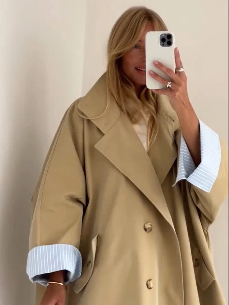 Women Khaki Long Color-block Stripe Trench Coat Wide Lapel Loose Drop Shoulder Blue Lining Slit Windbreaker Commute Outing Coats
