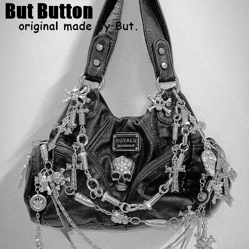Women Y2K Girl Vintage Harajuku Full of Chains Gothic Rivet Spike Gothic One Shoulder Handbag Women’s Punk Tote Steampunk Bags