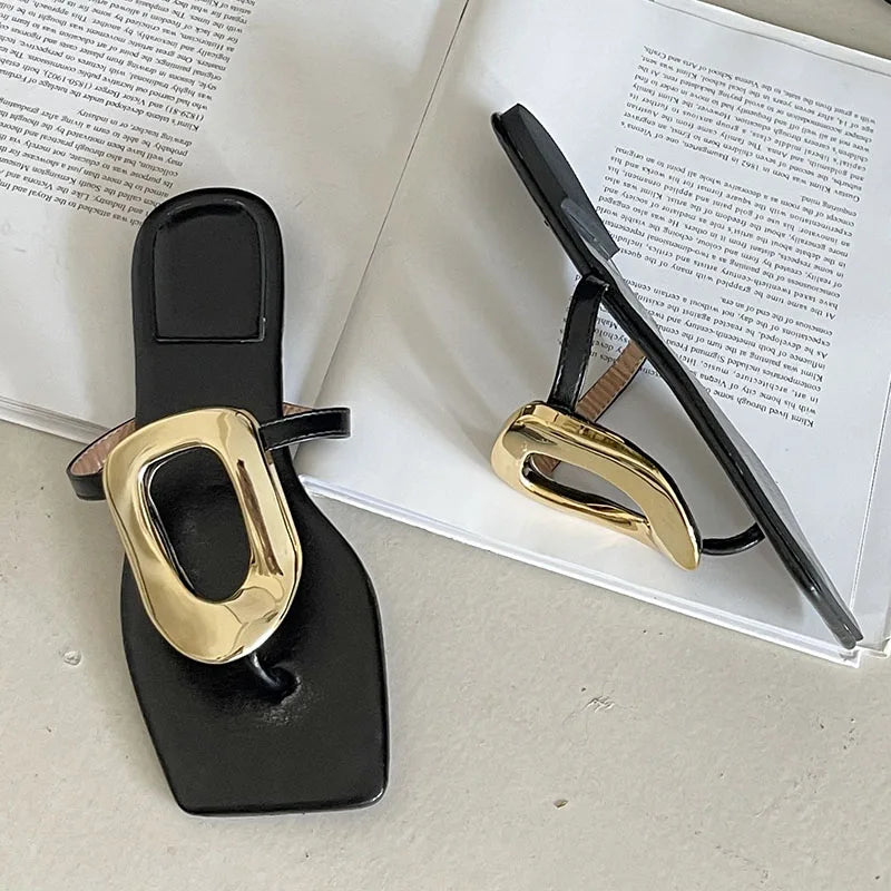 New In 2025 Luxury Women Slippers Summer Beach Fashion Metal Flip Flops Female Slides Slippers Ladies Flats Sandals Shoes