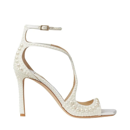 2025 Summer New Luxury White Pearls Decorated Women's Sandals Ankle Straps High Heels Square Toe Party Wedding Sexy Femme Shoes