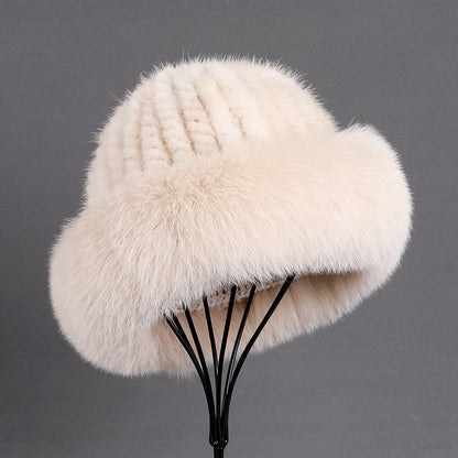 Women's Winter Warm Genuine Premuim Mink Fur Knitted Bucket Hat Furry Real Fur Caps Big Fox Fur Trim Brim Adjustable