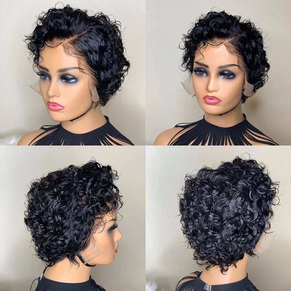 13x4 Lace Frontal Wigs Human Hair Pixie Cut 180% Density Black Color Water Wave Short Pixie Cut Wigs for Women Preplucked