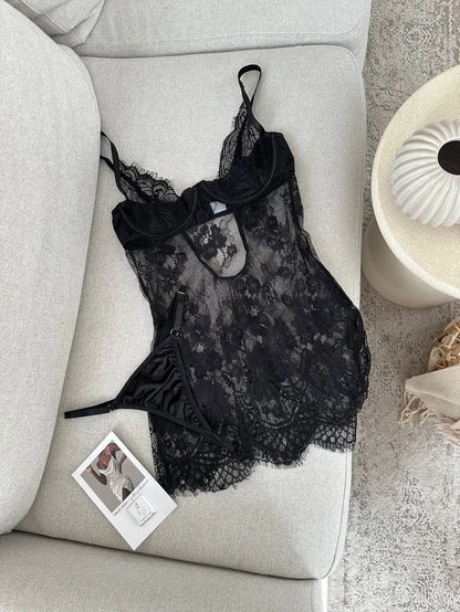 Ellolace Seductive Women's Casual Dresses Tempted Deep V Mini Dress Thong 2PC Hot Sheer Lace Lingerie Sexy Sensual Sleep Gown