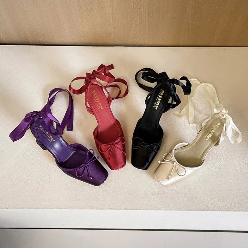 French Ballet Style Satin Closed Toe Mary Jane Pumps Lace Upper Multi-Layer Bow Cross Ankle Strap Thin Stiletto Elegant Wedding