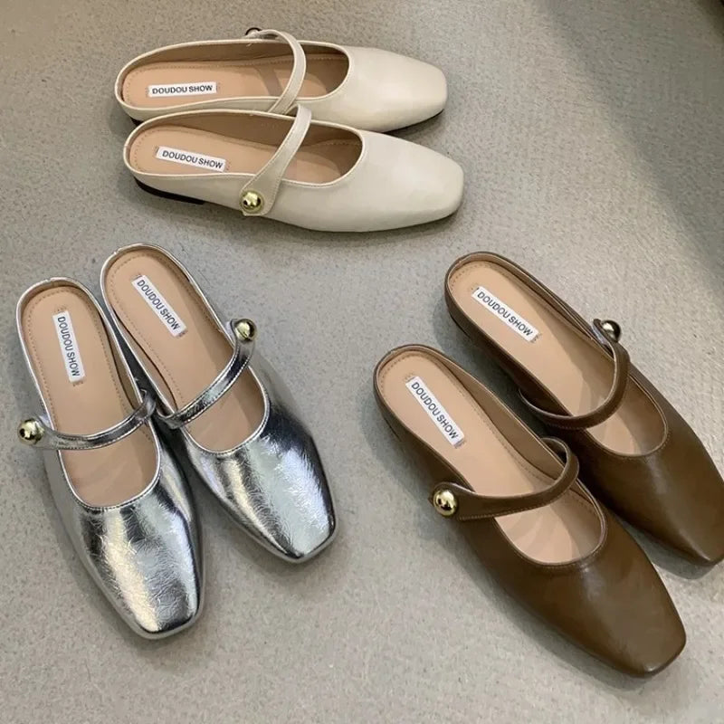 Soft Leather 2025 Ins Silver Buckle Strap Casual Shoes Fashion Flats Elegant Glitter Metallic Mules Shoes Cover Toe Slippers