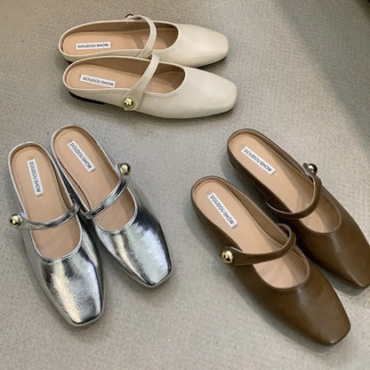 Soft Leather 2025 Ins Silver Buckle Strap Casual Shoes Fashion Flats Elegant Glitter Metallic Mules Shoes Cover Toe Slippers