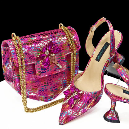 Doershow New Arrival African Wedding Shoes and Bag Set gold Color Italian Shoes with Matching Bags Nigerian lady party  1-12