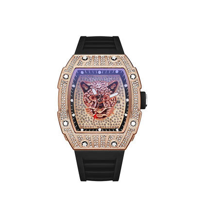 Tonneau Hollow Diamond Leopard Dial Quartz Watch Men Luxury Luminous Fashion Waterproof Rubber Sport Watches Men Steel Men Clock