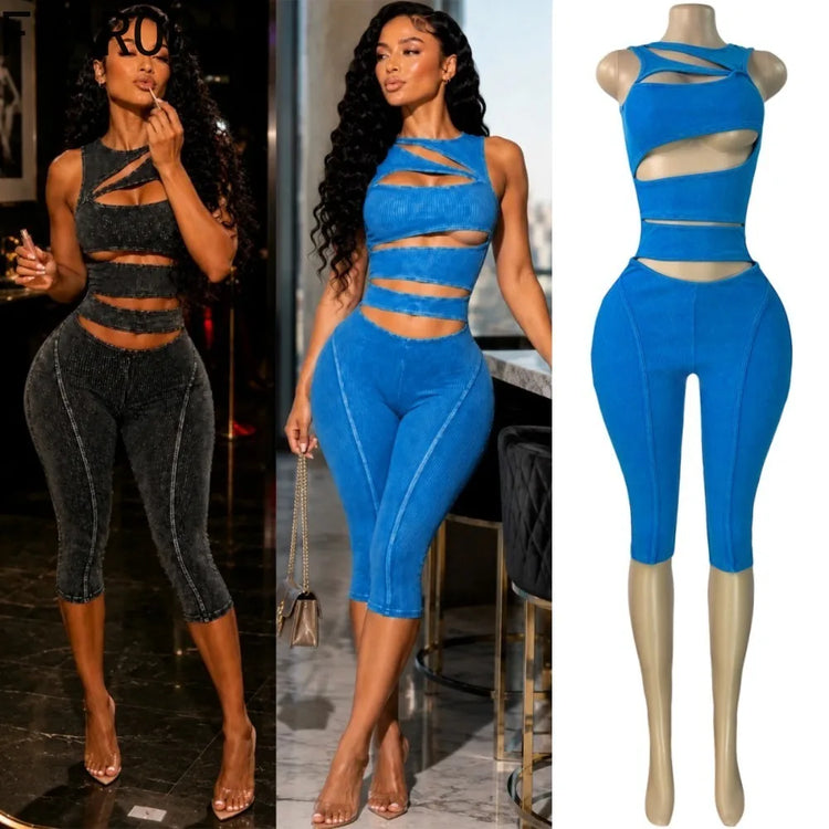 FLARORA Fashion Ribber Knitted Capri Jumpsuits Woman Sexy Hollow Out O-neck Sleeveless Zipper Skinny Playsuits Hottie Streetwear