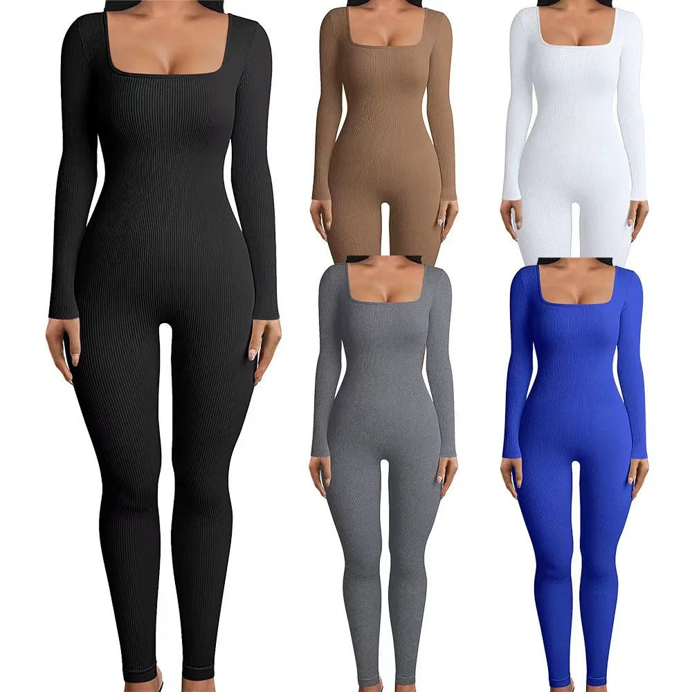 Solid Color Ribbed Yoga Jumpsuit, Seamless Slim Fit Long Sleeve Sports Bodysuit, Women's Activewear