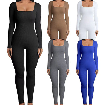 Solid Color Ribbed Yoga Jumpsuit, Seamless Slim Fit Long Sleeve Sports Bodysuit, Women's Activewear