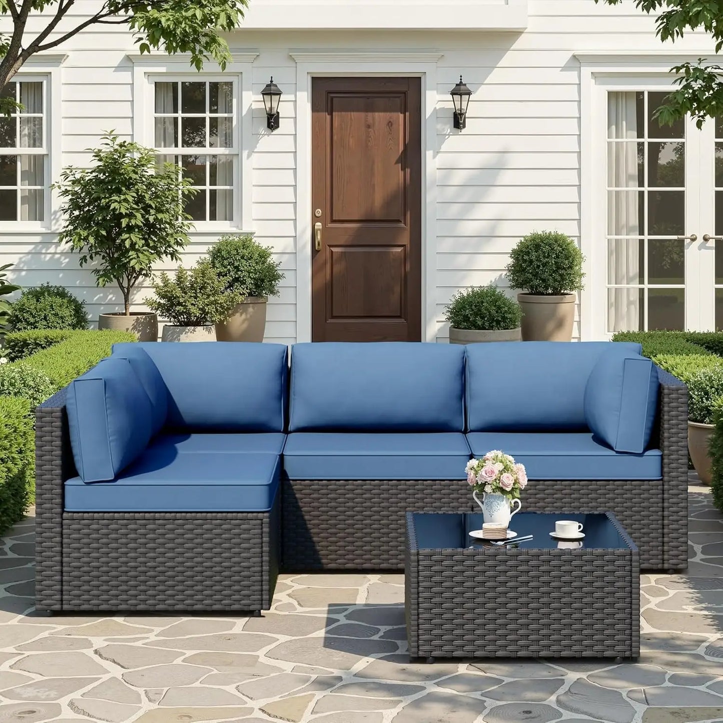 5-Piece Patio Furniture Set, Outdoor Wicker Sectional Sofa with 4-Inch Thick Cushions & Coffee Table, All-Weather PE, Custom