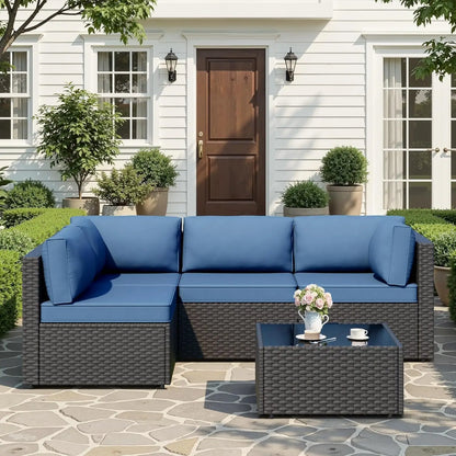 5-Piece Patio Furniture Set, Outdoor Wicker Sectional Sofa with 4-Inch Thick Cushions & Coffee Table, All-Weather PE, Custom