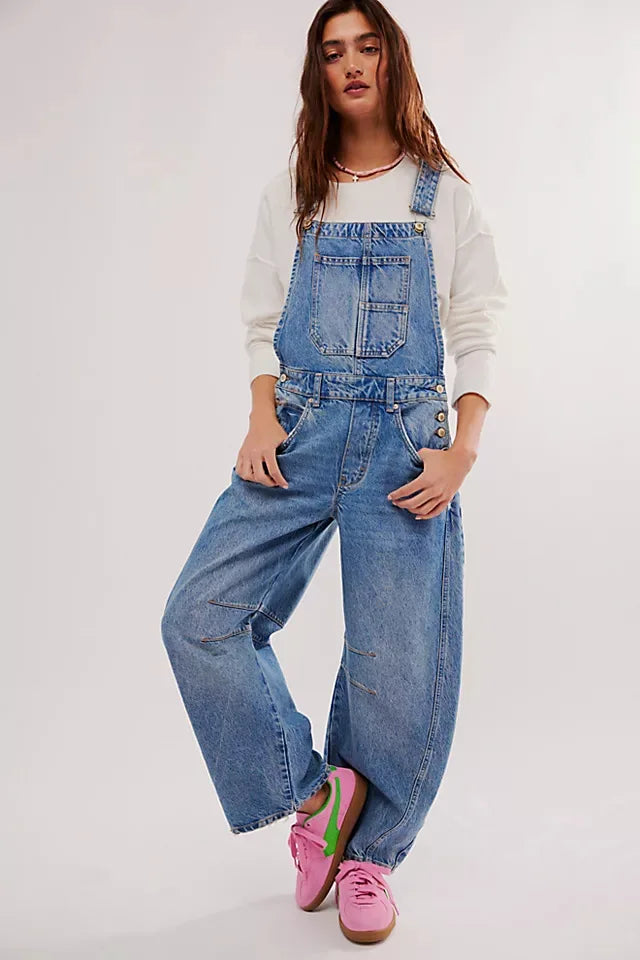 Women Overalls Jumpsuits Jeans One Piece Trousers Vintage Washed Distressed Denim Straight Cargo Pants Streetwear Suspenders