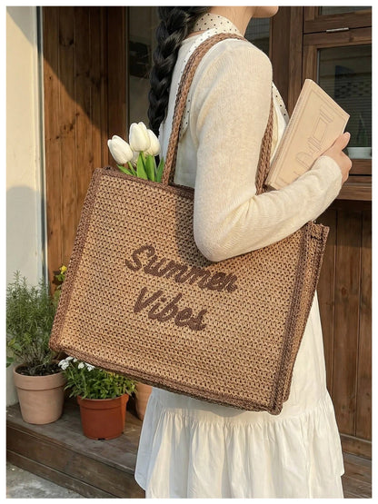 Large Capacity Women Tote Bag 2026 New Fashion Hand-made Straw Bag Female Shoulder Handbag Causal Commuter Bags for Ladies