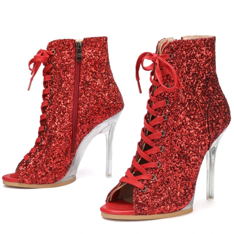 Transparent High Heels Jazz Dance Shoes Sexy Peep toe Luxury Silver Gold Pink Red Heeled Outdoor Party Ankle Boots for Women