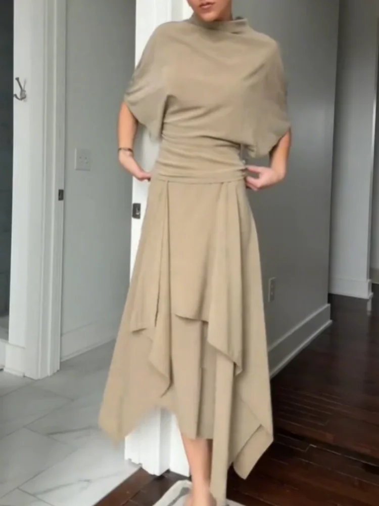 Fashion Elegant Casual Top Skirt Sets High Neck Loose Crop Shirt Irregular Pleated Hem Long Skirt 2026 New Lady Commuter Outfits