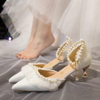 Elegant Pearl Weddings Bridal Pumps for Women 2026 Summer Silk Ankle Straps High Heels Shoes Woman Pointed Toe Dress White Shoes