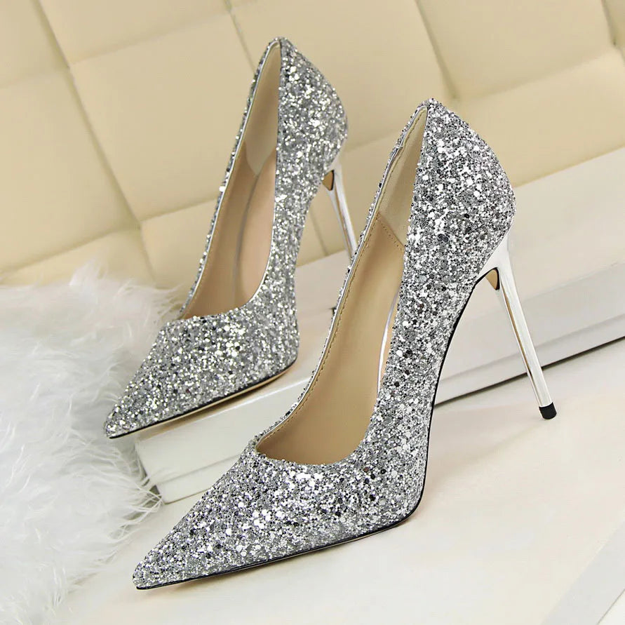 Women 7cm 9.5cm High Heels Pumps Wedding Bridal Scarpins Sparkly Mid Heels Lady Party Sequins Glitter Evening Gold Silver Shoes