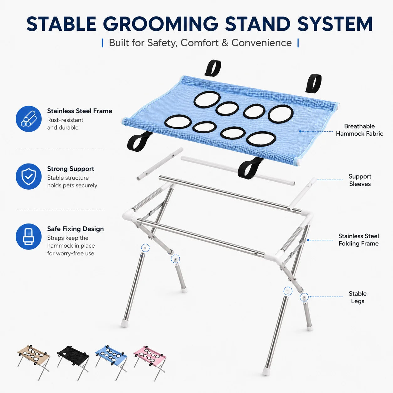 Breathable Pet Grooming Hammock Stand Foldable Dog Cat Nail Clipping Restraint Stainless Steel Care Table for Home Grooming Use
