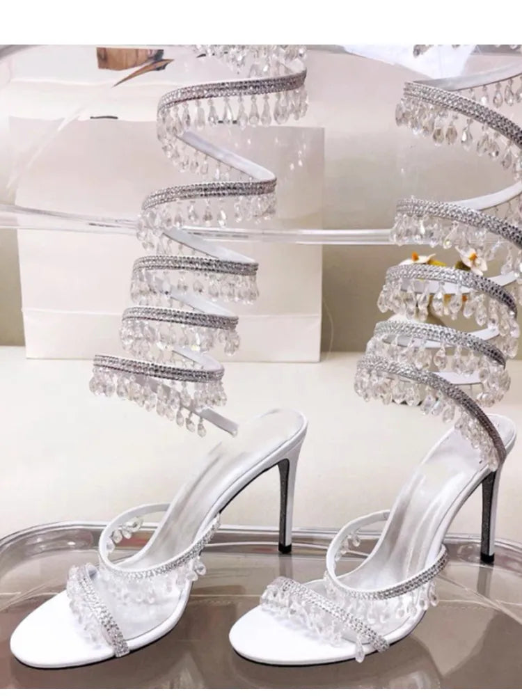 2026Women's New Water Diamond Sandals Fashion Tassel Crystal Shoes Sexy Banquet Party Twin Stiletto Women's Large Sandals