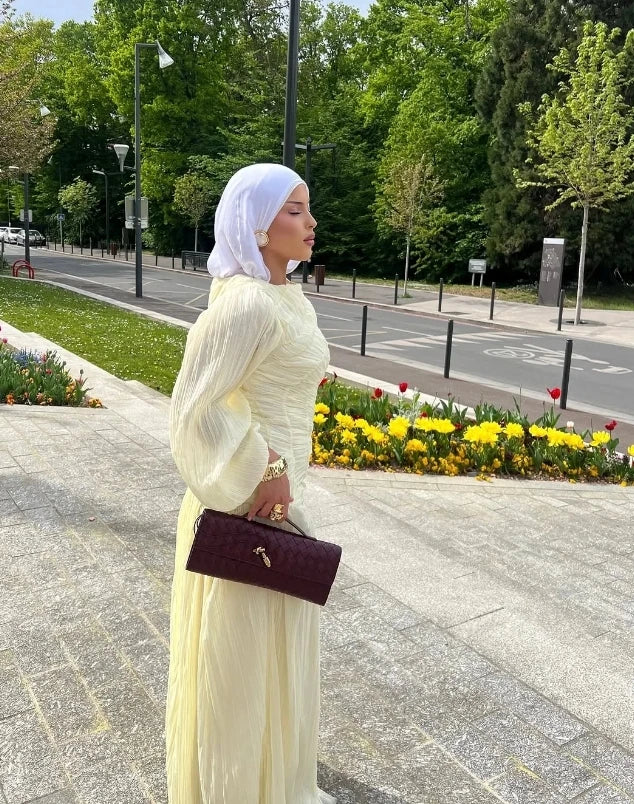 2026 Summer Women's Elegant Pleated Long Dress O-neck Loose Folds Lantern Sleeve Holiday Beach Commute Chic Vestidos