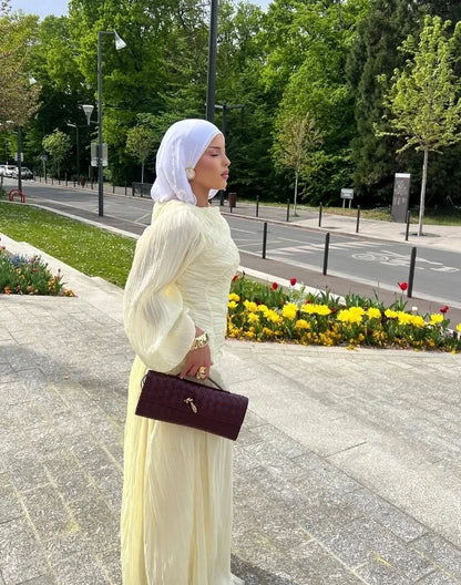 2026 Summer Women's Elegant Pleated Long Dress O-neck Loose Folds Lantern Sleeve Holiday Beach Commute Chic Vestidos