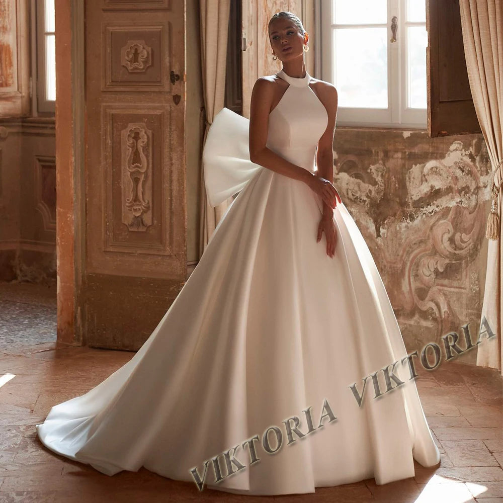 VIKTORIA Stylish Bow Wedding Dresses For Woman Bride Satin Backless Sleeveless Pleat Robe De Mariée Personalized Customized