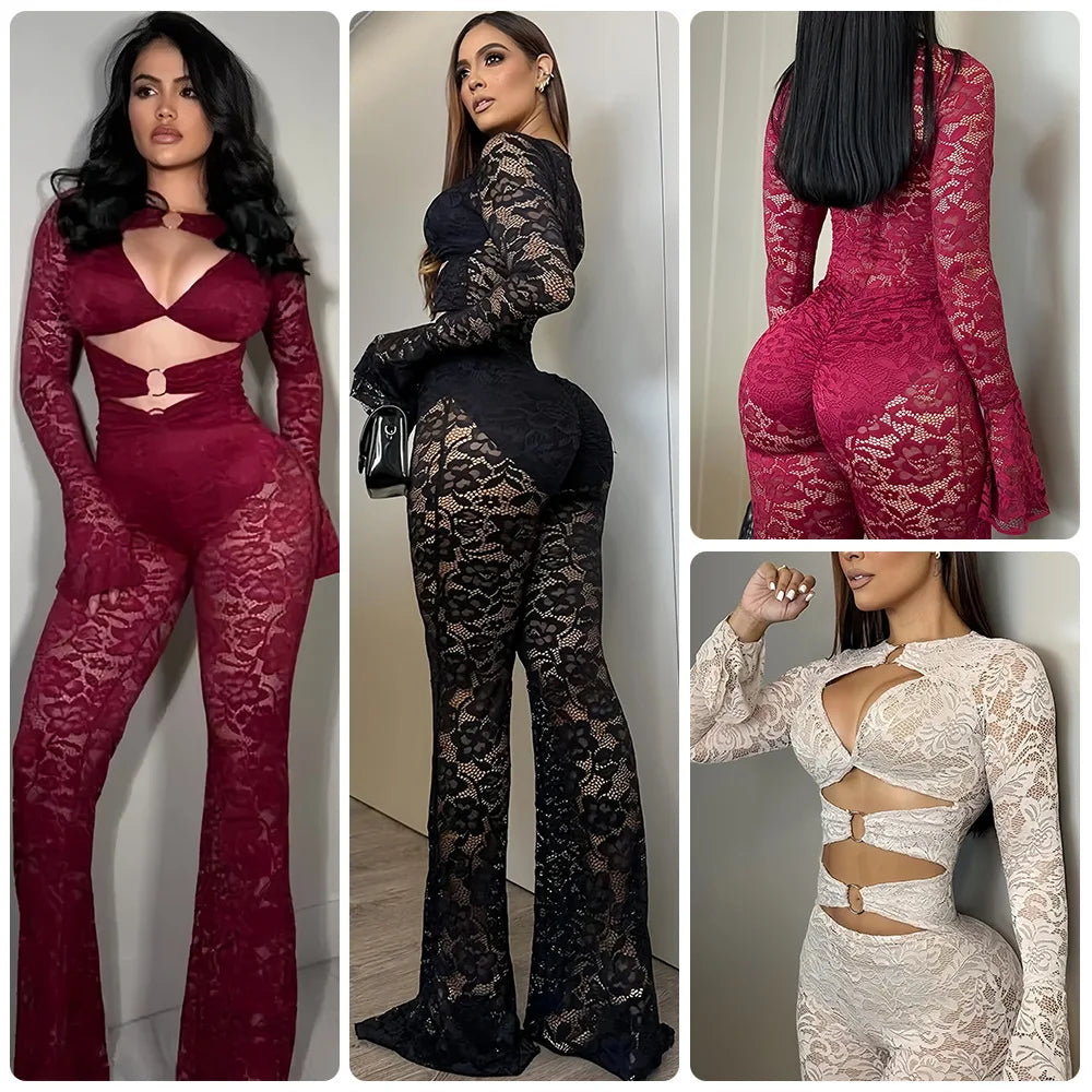 Sexy Deep V Ring Buckle Strap Flared Sleeve Bodycon Jumpsuits for Party Evening Dress