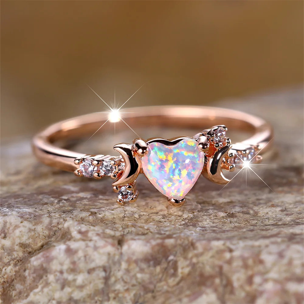 White Fire Opal Love Heart Stone Rings For Women Rose Gold Silver Color Wedding Band Bridal Engagement Jewelry Mother's Day Gift