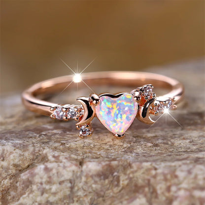 White Fire Opal Love Heart Stone Rings For Women Rose Gold Silver Color Wedding Band Bridal Engagement Jewelry Mother's Day Gift