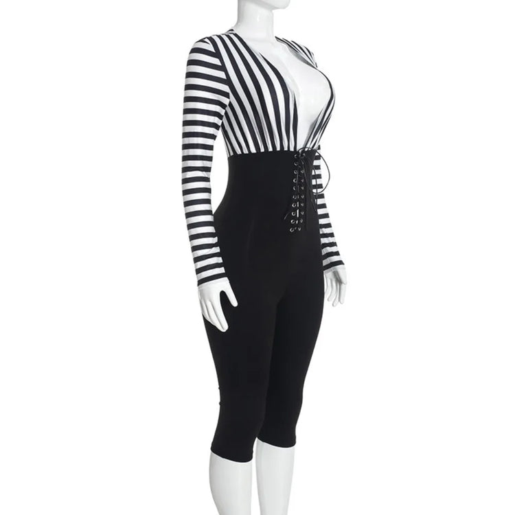 FLARORA Trend Stripe Color Blocking Jumpsuits Woman Deep V Neck Full Sleeve Bandage Skinny Peach Hip Sexy Party Club Overalls