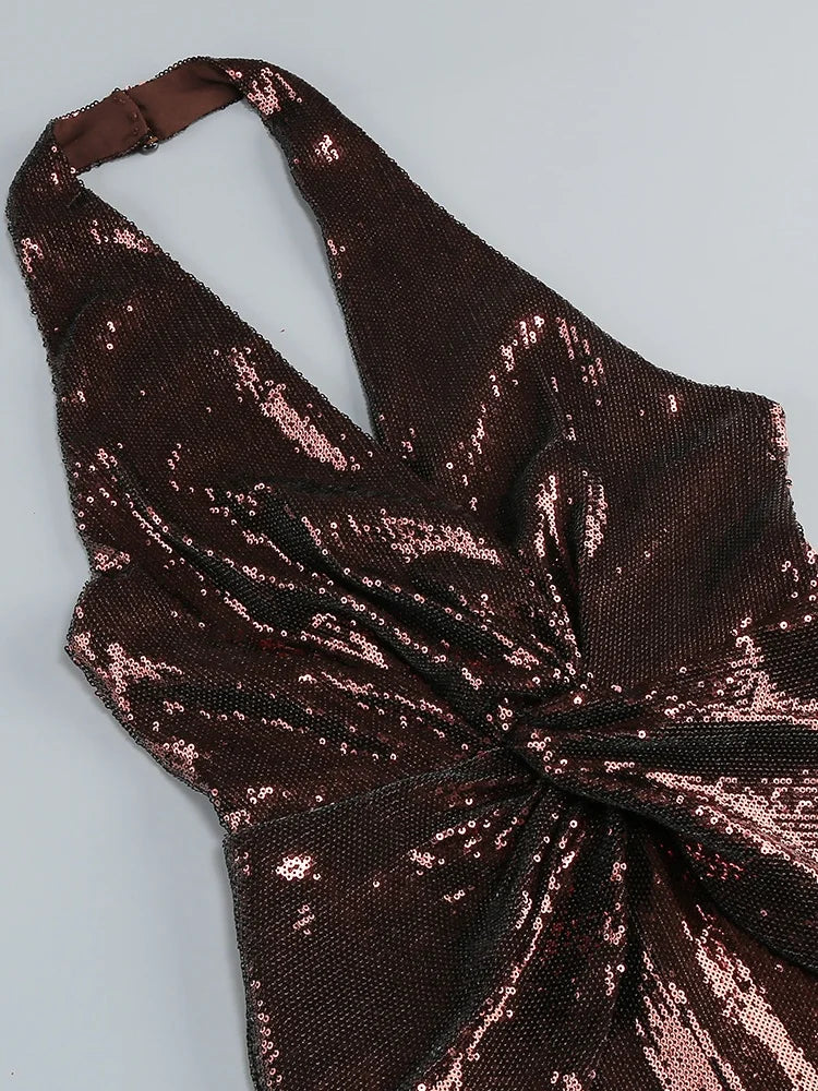VC Gold Elegant Jumpsuits For Woman Luxury Brown Sequins Design Fashion Party Sexy Backless Sleeveless One Piece Female Clothing