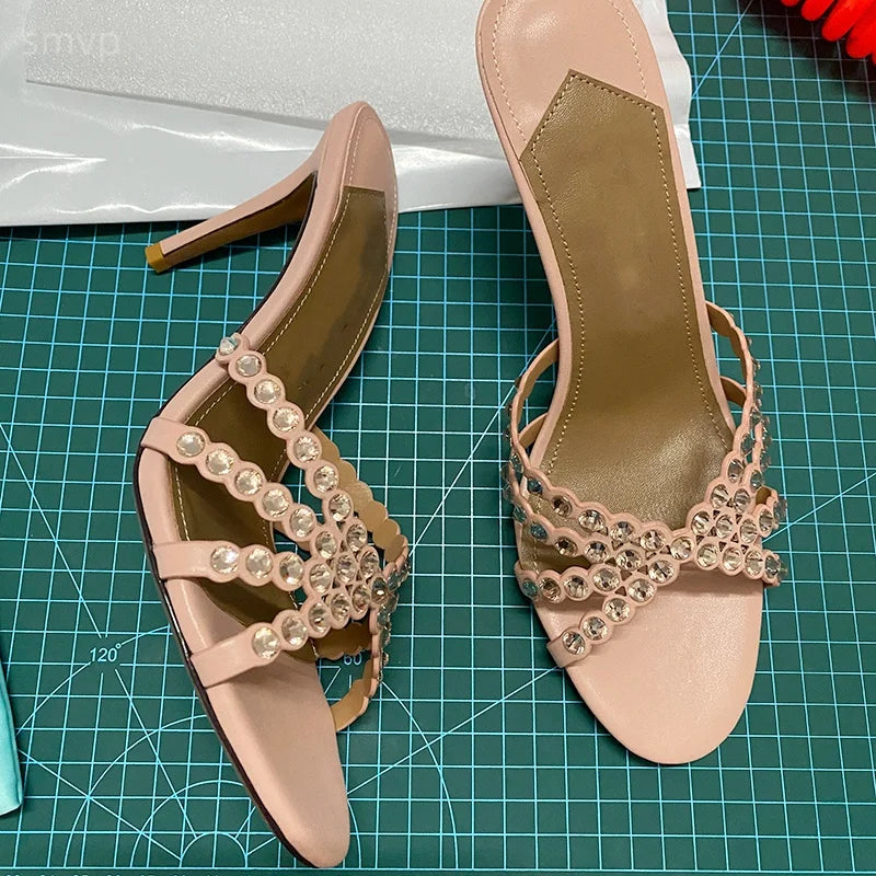 Summer 2026 Women's Pink Crystal High Heels Diamond-Encrusted Slim Heel Sandals for Outdoor Weddings Parties Fashionable Ladies'