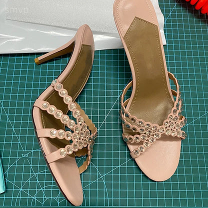 Summer 2026 Women's Pink Crystal High Heels Diamond-Encrusted Slim Heel Sandals for Outdoor Weddings Parties Fashionable Ladies'