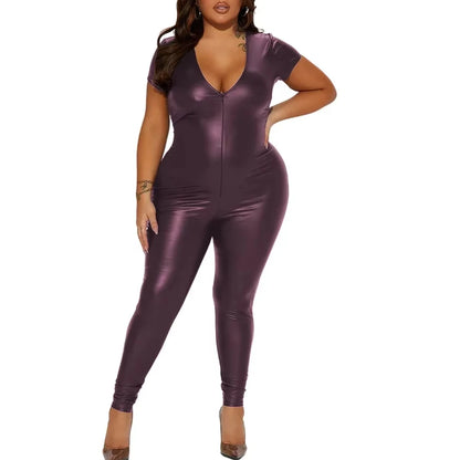 Deep V-neck Women Bodycon Jumpsuits Matte PU Leather Short Sleeve Skinny Zentai Ravely Party Club Stage Performance 8XL