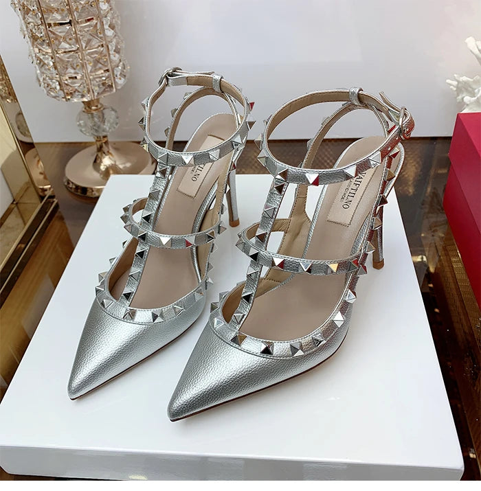 Women's Gladiator sandals Summer 2026 Luxury With Ankle Strap Pointed Toe Fashion Rivet High Heels Party Ladies Shoes Women 10cm