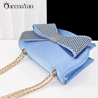 Queena Yan Sky Blue Color Peep Toe High Women Heels Shoes and Bags for Women Rhinestone Evening Party Elegant Luxury Handbag